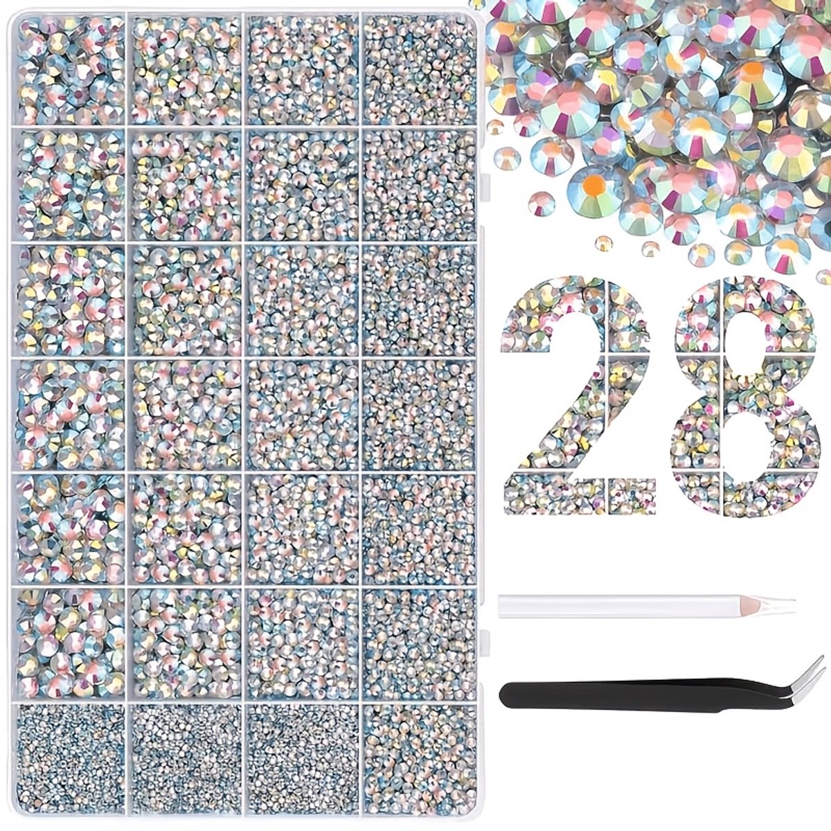 Currero Bedazzle Kit - Bedazzling - Plakstenen - Strass Steentjes - DIY Versieren - Set Met 18.000 Steentjes - 28 Vakken - Nagel Decoratie - Symfonie