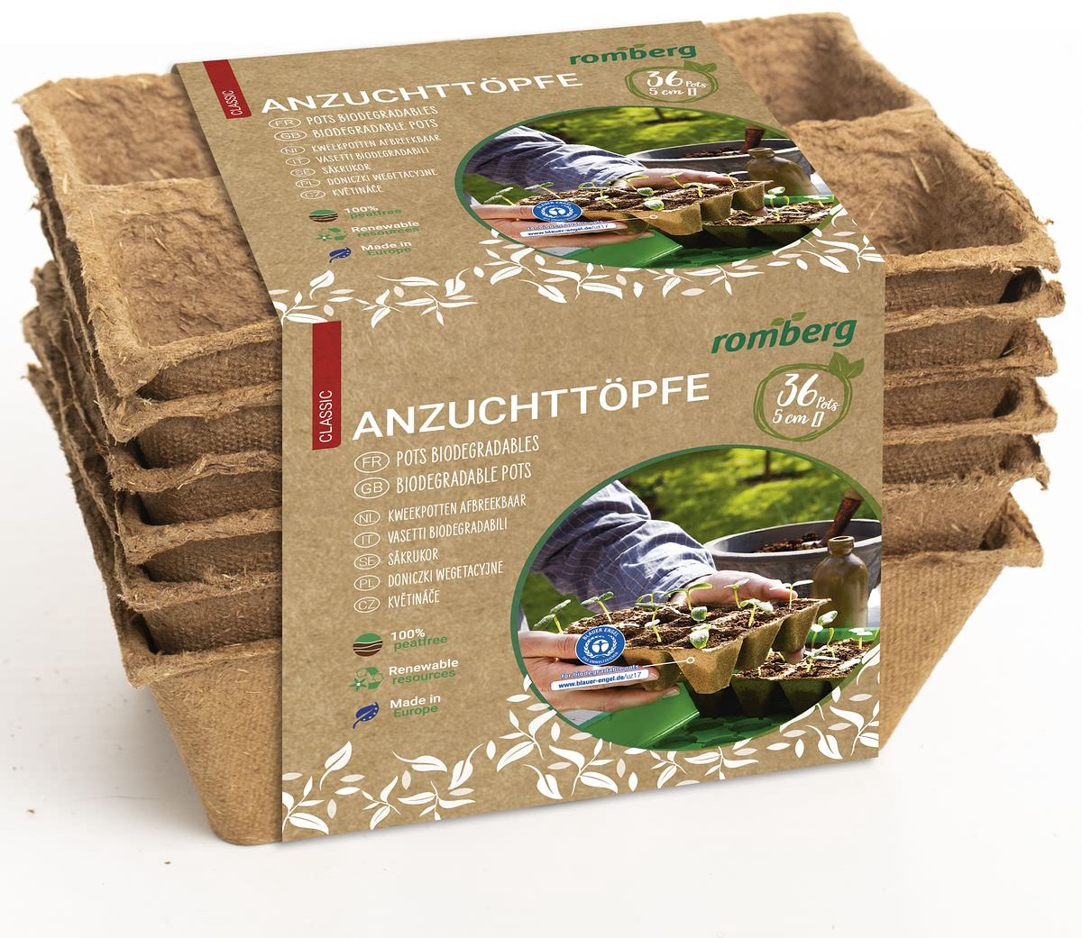 Romberg set van 36 vierkante potjes voor zaailingen - Biologisch afbreekbaar, 5 cm Ø, 100% turfvrij, ideaal voor zaden, zaailingen & stekjes, milieuvriendelijk
