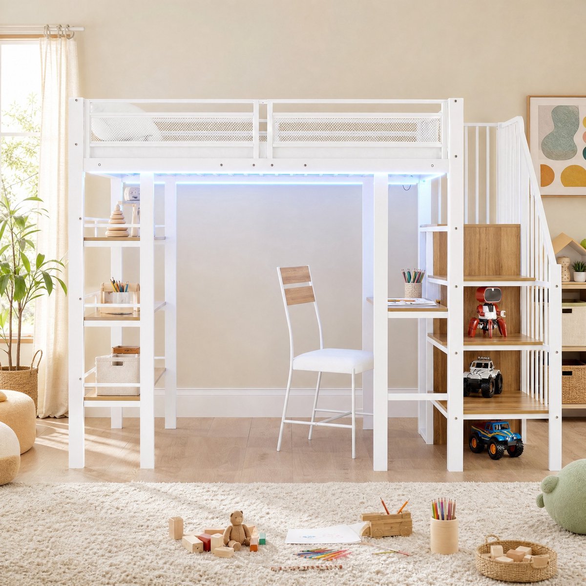 COVREO Hoogslaper met bureau – 90x200 cm – Bed met opbergruimte – Metaal met LED – Wit - zonder matras