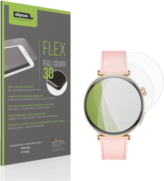 Een smartwatch met een roze bandje en een screenprotector met "FLEX FULL COVER 3D" tekst erop.