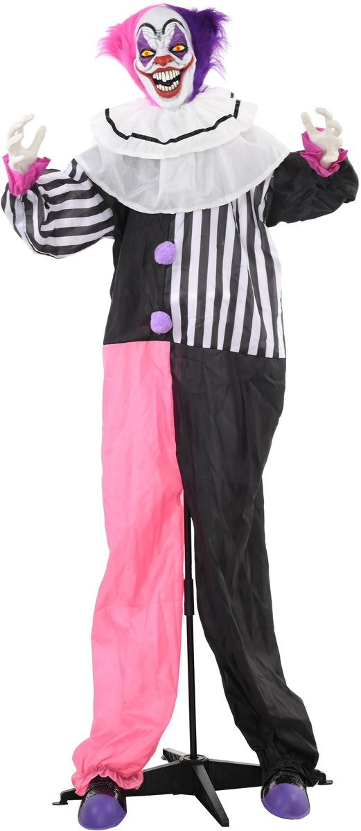 Halloween-decoratie Griezelclown - Beweegbaar - Lachfunctie - Griezelig ontwerp - Pink-lila kleuren - Schrikeffect