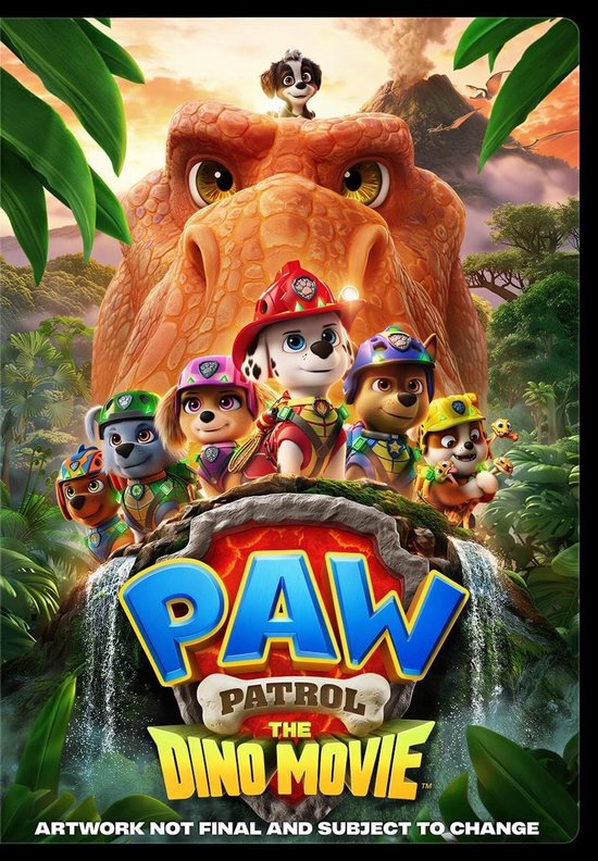 De Paw Patrol puppy's staan voor een grote dinosaurus in een jungleomgeving, met de titel 'PAW PATROL THE DINO MOVIE'.