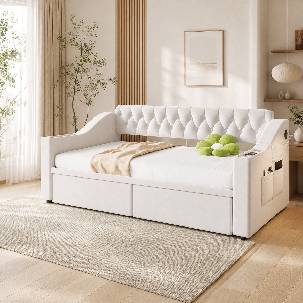 COVREO Slaapbank met lades – 90x190 cm – Bed met USB en opbergruimte – Eenpersoons voor slaapkamer – Beige - zonder matras