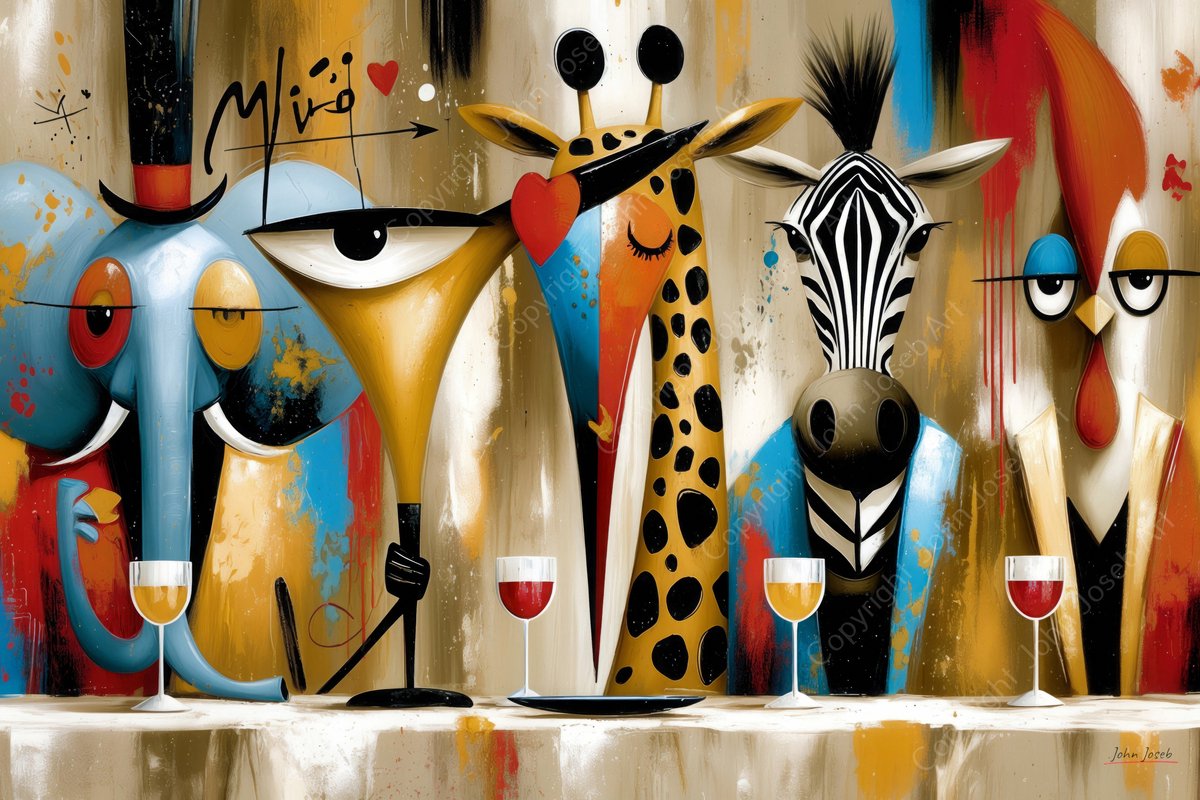 John Joseb Art (Aluminium) 60x40 | Gekke grappige dieren aan tafel, wijn drinken, humor, Joan Miro stijl, abstract, kunst, dier, zebra, olifant, giraffe, kip, haan, rood, bruin, blauw, modern | foto-schilderij op dibond, metaal wanddecoratie