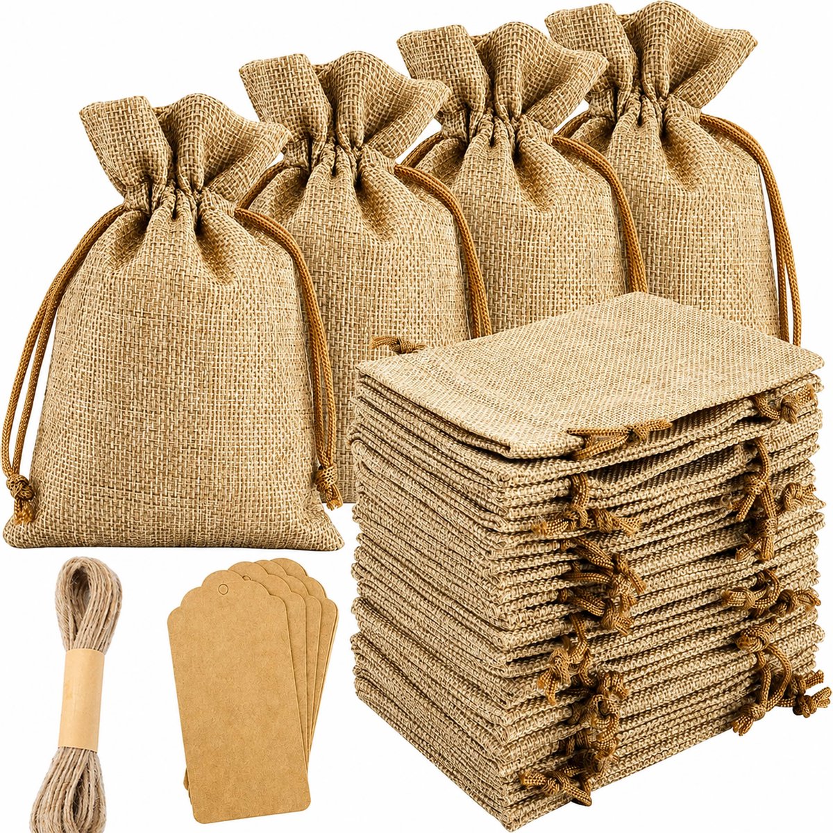 Kaiyaya - 50 stuks Jute cadeauzakjes met trekkoord - Inclusief labels en touw - Voor bruiloft en feest - Natuurlijke verpakking