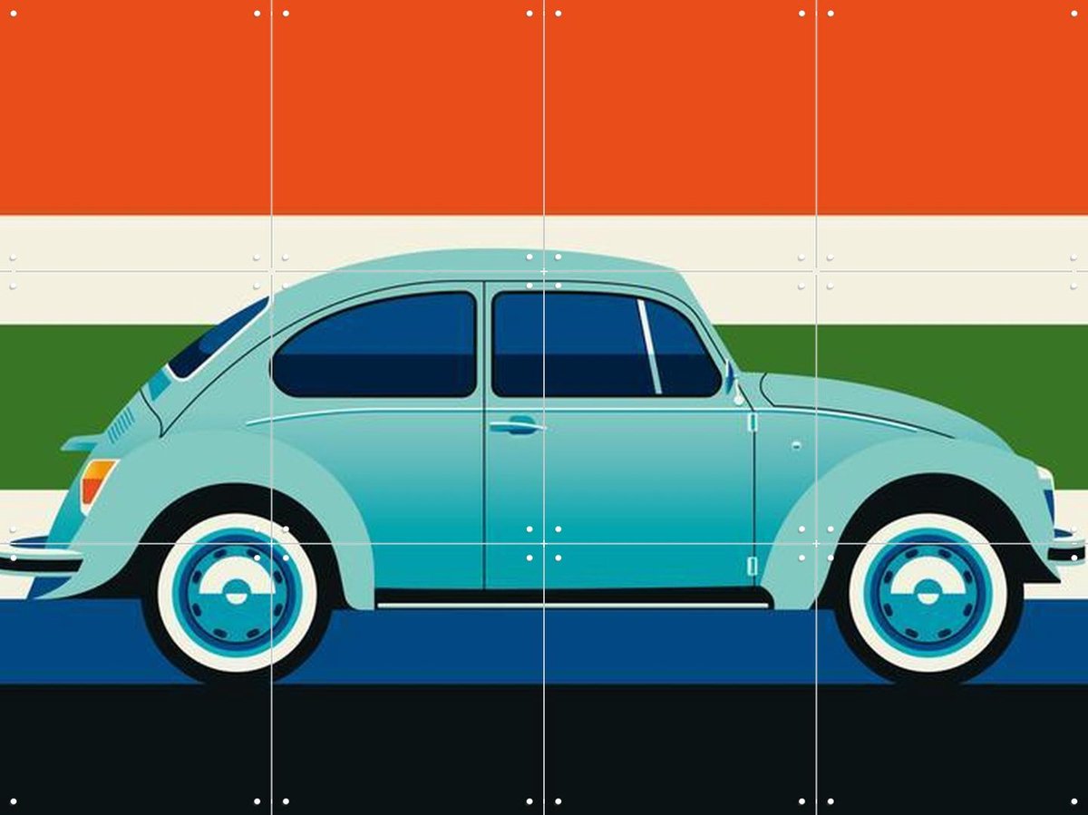 IXXI Mint Vintage Car with Stripes, Bo Lundberg - 80 x 60 cm - Gratis ophangtool - Grote wanddecoratie en posters - Vintage, Pop art, Illustraties