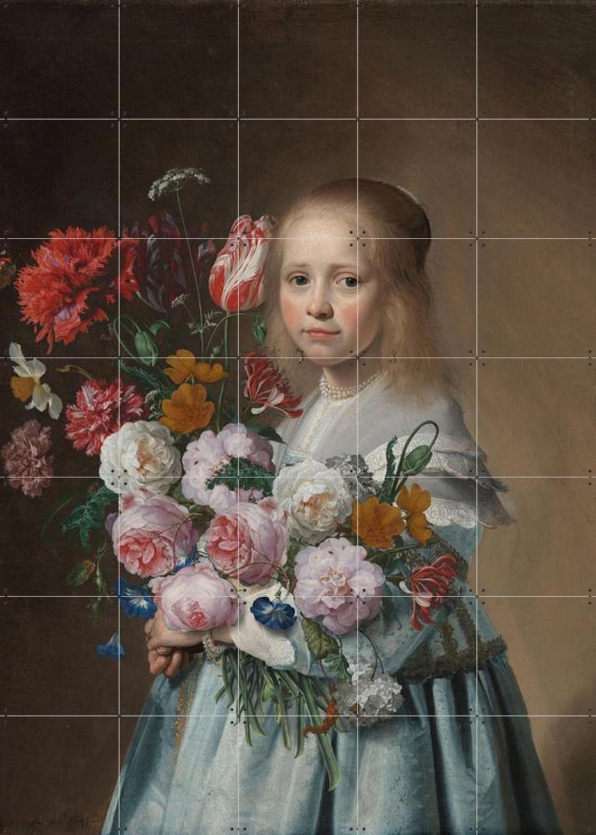 IXXI Girl in Blue with Flowers, Ezra van Hattem & Rijksmuseum 2.0 - 100 x 140 cm - Gratis ophangtool - Grote wanddecoratie en posters - Klassiek