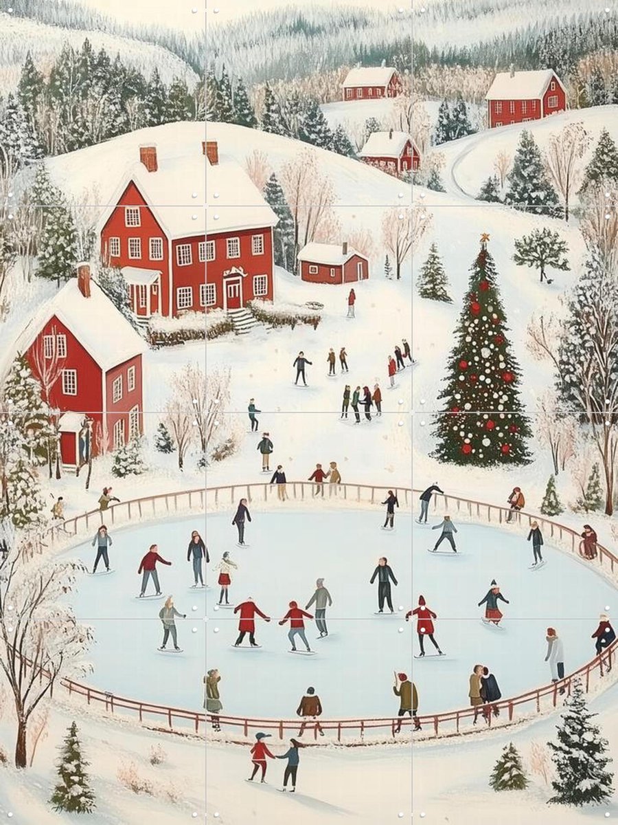 IXXI Winter Wonderland Ice Skating Scene, Melloi Art & Various - 60 x 80 cm - Gratis ophangtool - Grote wanddecoratie en posters - Vintage, Speels