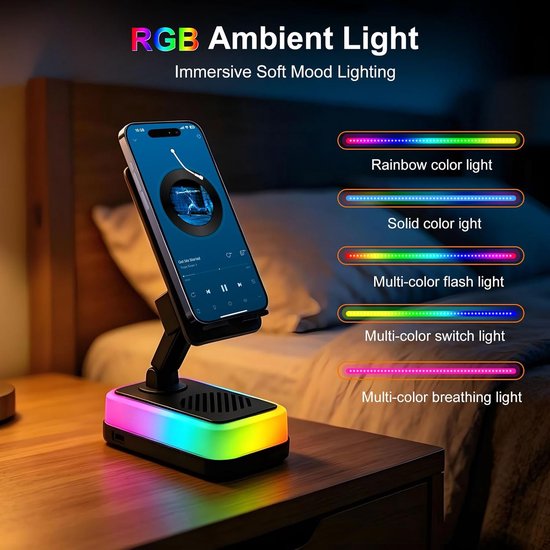 Draadloze Inductiespeaker met Telefoonstandaard, 5-in-1 Bluetooth Speaker met RGB-verlichting en 3000mAh Noodlader, Verstelbare Houder, Geschikt voor Apple iPhone en iPad, Samsung Galaxy en Android-apparaten, Praktisch Gadget-Zwart — afbeelding 3
