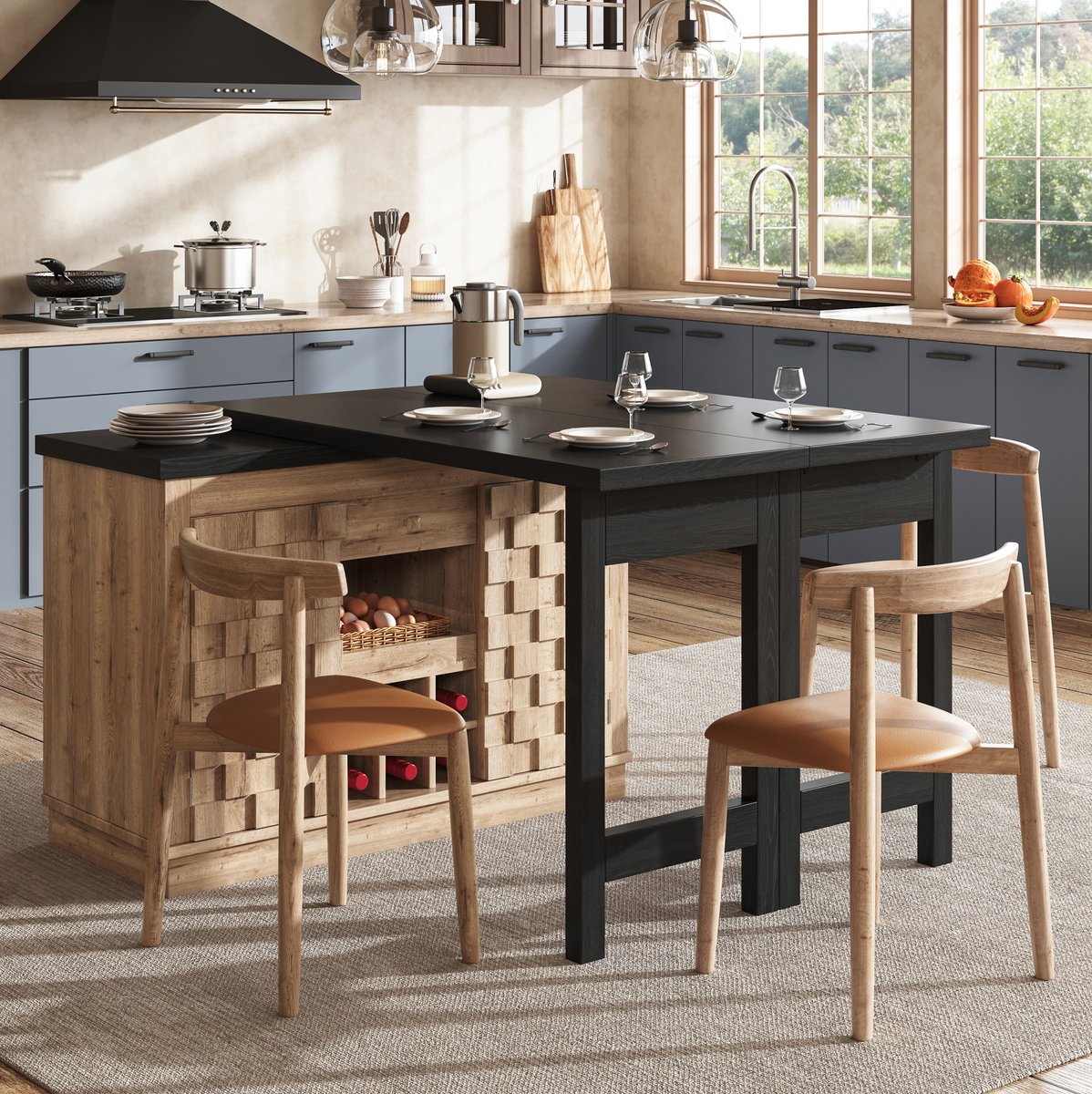 HAUSS SPOLE Keukenkast 360 Graden Draaibaar Met Uitschuifbare Eettafel En Uitneembaar Wijnrek Patchwork Deuren MDF Hout Zwart 120 197 Cm