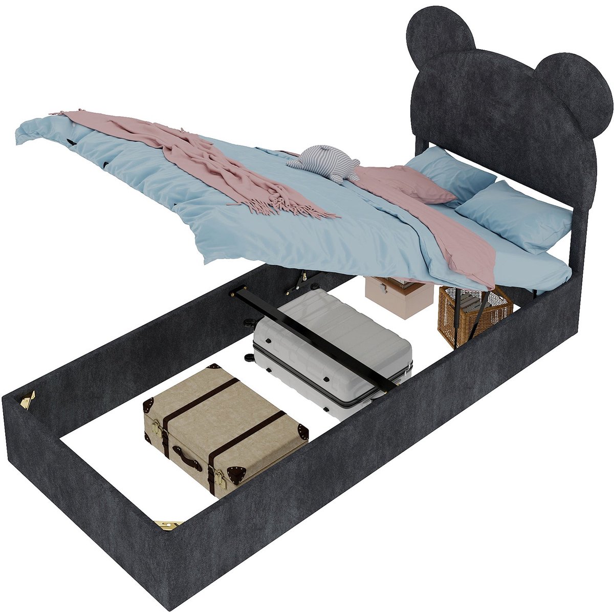 Merax Gestoffeerd Bed 90x200 cm - Bed met Opbergruimte - Houten Lattenbodem - Grijs