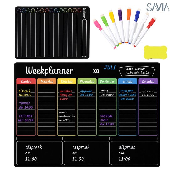 Weekplanner juli en dagplanner met 8 magnetische markers en wisser.
