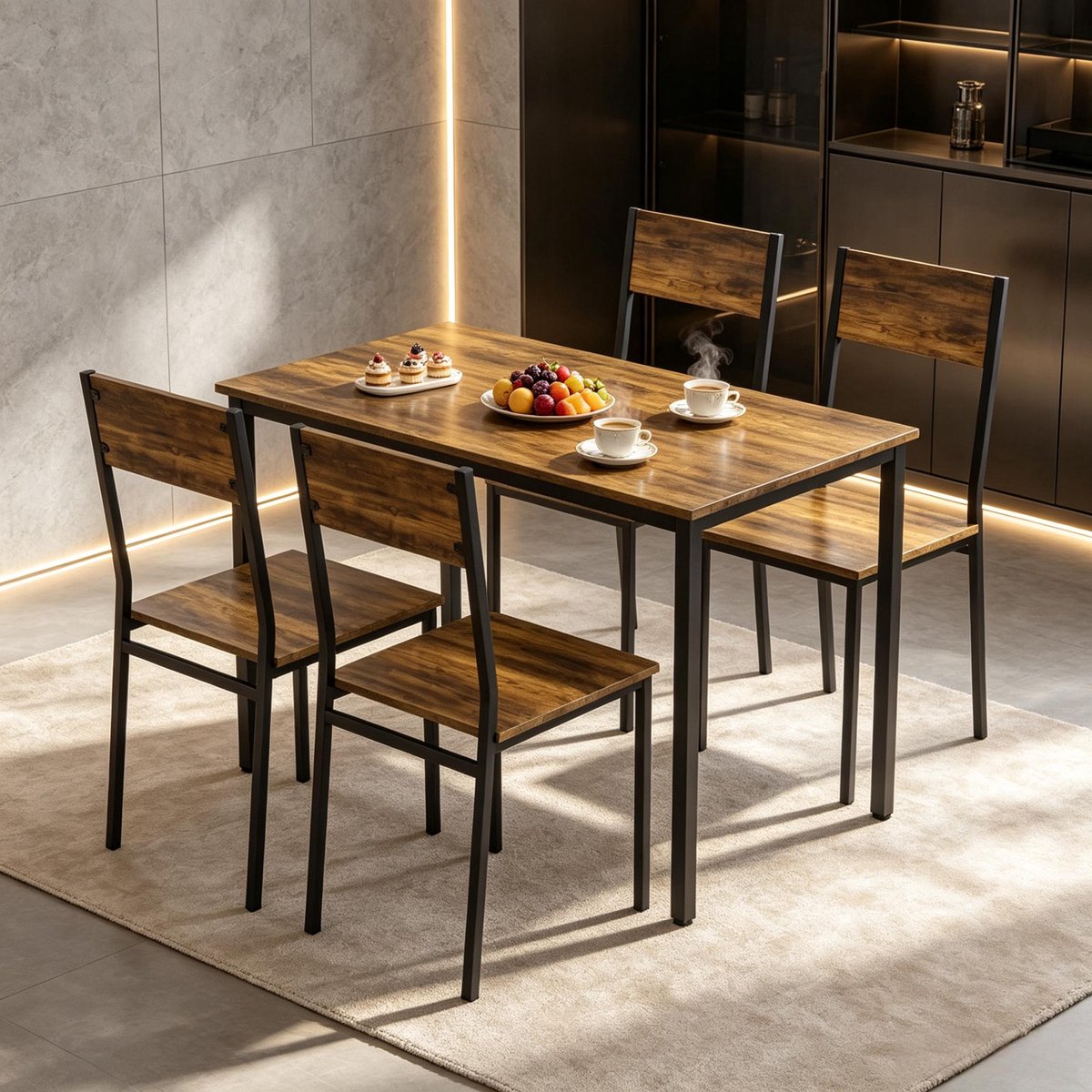 REDOM - Eettafelset - Rechthoekige tafel met 4 stoelen - Metalen frame - Industrieel - Keuken, eetkamer of woonkamer - Hout en metaal - Rustiek bruin en zwart - 108 x 60 x 76 cm