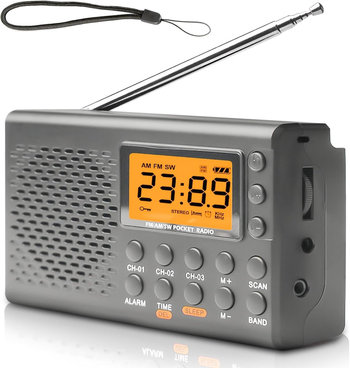 Draagbare Radio - Grijs - 11,6 x 7 x 3 cm - AM/FM/SW met LCD-Display en Alarmfunctie - Voor Keuken en Buiten