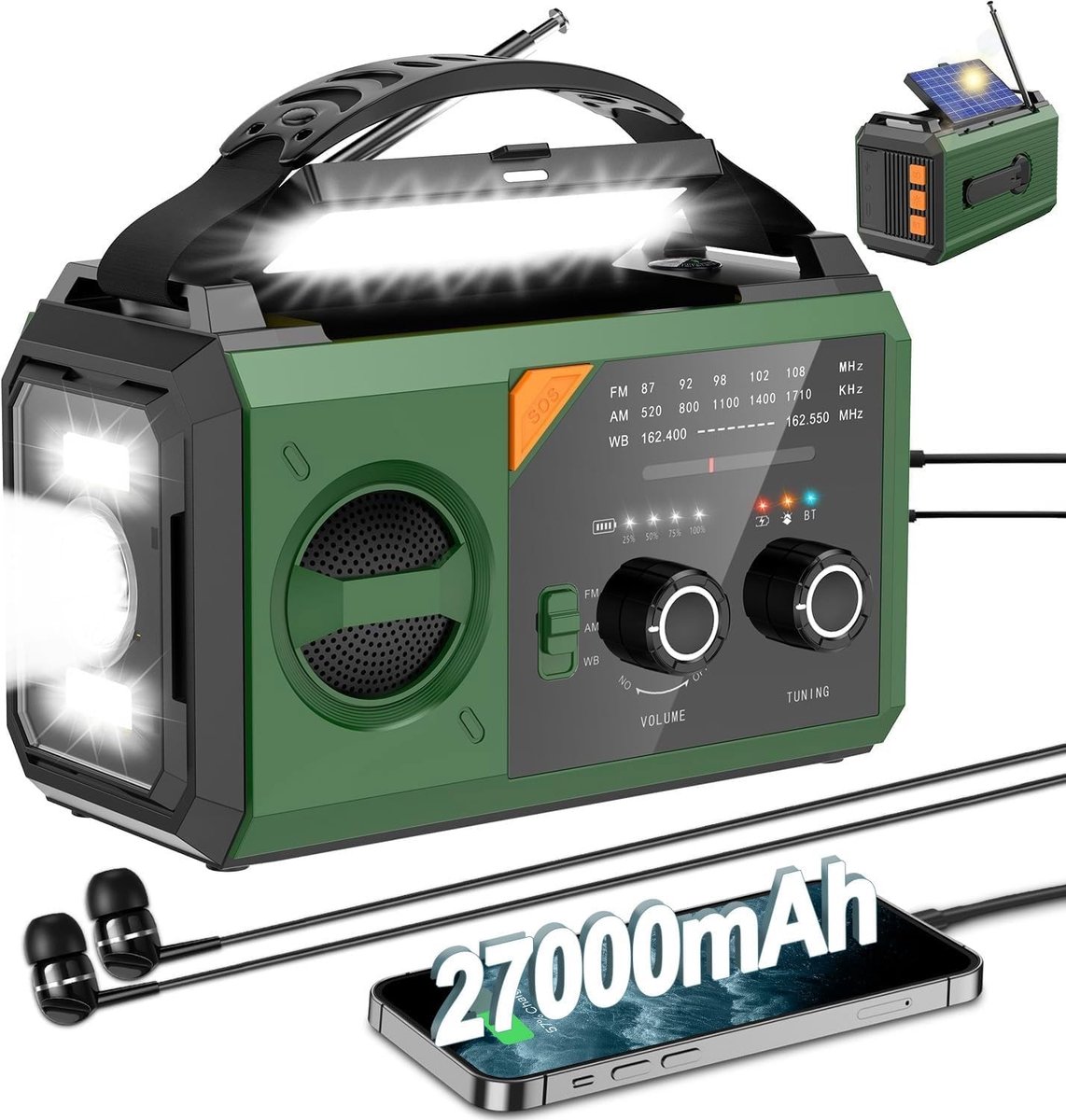 Noodradio - Groen - 30.000 mAh - Draagbare Weerradio met Zonne-energie en Bluetooth - Voor Outdoor en Noodgevallen