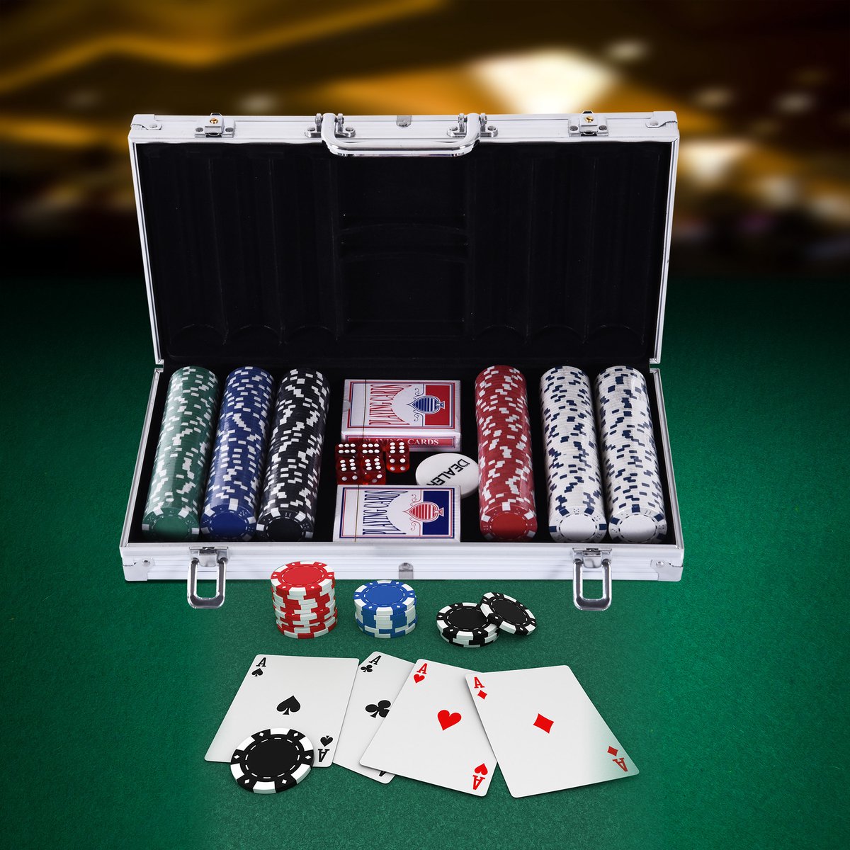 MODFU - Pokerkoffer Set - 300 Chips, 2 Kaartspellen En 5 Dobbelstenen - Aluminium Koffer