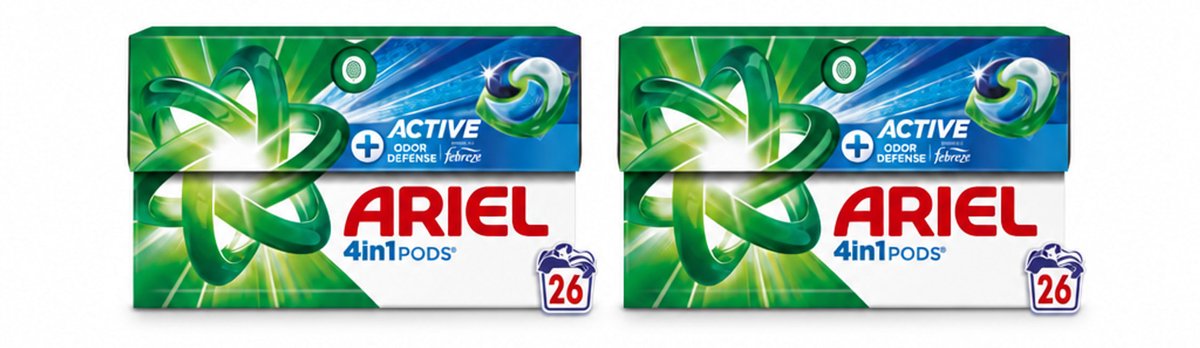 2 x Ariel - 4in1 Wasmiddel Pods - Actieve Geurbestrijding - 26 Pods - Voordeelverpakking - 2 stuks