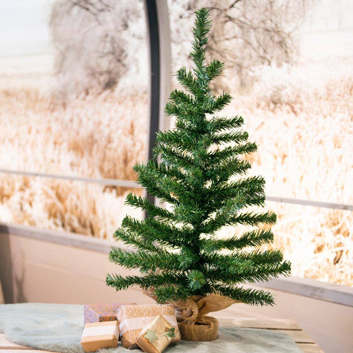 Mini kerstboom H75 cm - 40x donkerrode kerstballen - 81 takken - ideaal voor kantoor of vensterbank – foto 2
