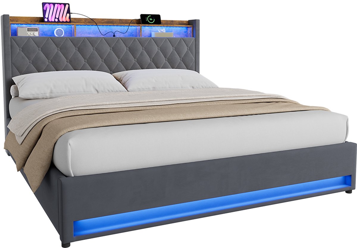 DESMIU Gestoffeerd Bed 180 x 200 cm – Bed Met Usb-aansluiting, 2 Stopcontacten En Ledverlichting – Met Opbergruimte – Voor Slaapkamer – Grijs – Zonder Matras