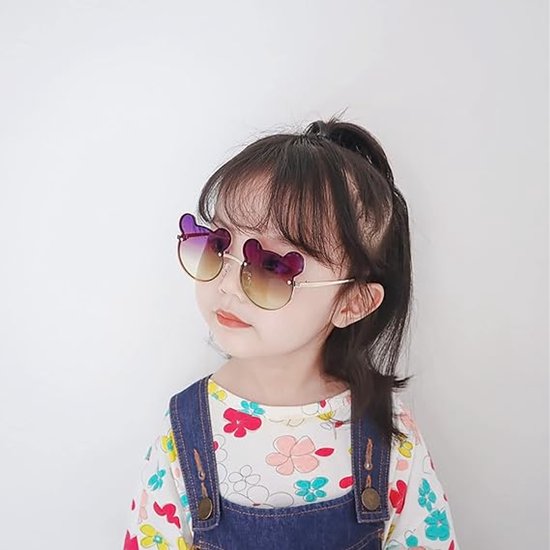 Leuke zonnebril met beertje Geschikt voor kinderen, unisex, UV400, glazen met kleurverloop, metalen montuur, ronde bril met berenoortjes, anti-reflecterend, perfect Geschikt voor strand- en buitenfotografie (paars + geel). — afbeelding 2