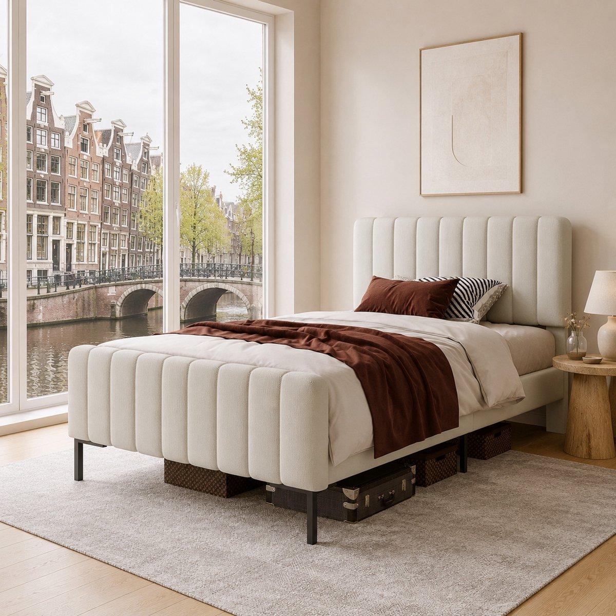 WUVRIE Polsterbett 90 x 200 cm - Bettgestell met verstelbaar hoofddeel, lattenbodem van grenen hout en linnen bekleding - Grau-Beige Grijs-beige