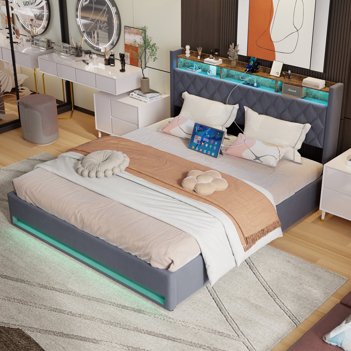 STILVORA Opbergbed – 180 x 200 cm Met LED, USB En 2 Stopcontacten – Fluweel En Metaal – Grijs – Tweepersoonsbed Met Gasveer