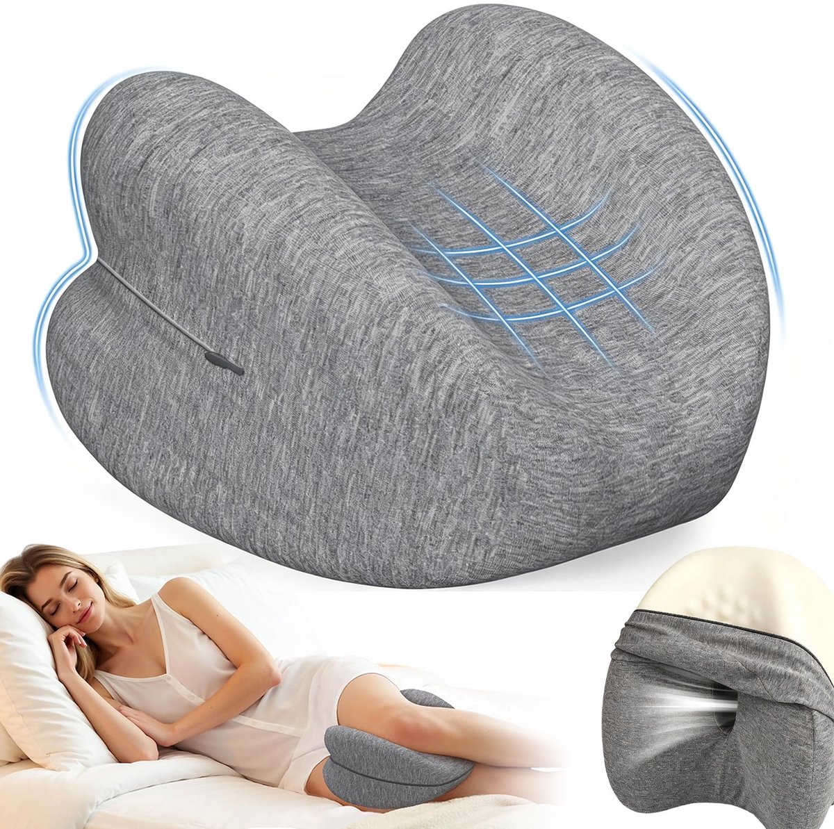 Orthopedisch Kniekussen - Kniekussen Voor in Bed - Zijslaapkussen - Traagschuim - 26,7x25,7x18,3 cm - Ergonomisch - Huidvriendelijk & Ademend - Afneembare Hoes - Verlicht Heup & Lage Rugpijn - Voor Zijslapers & Zwangeren