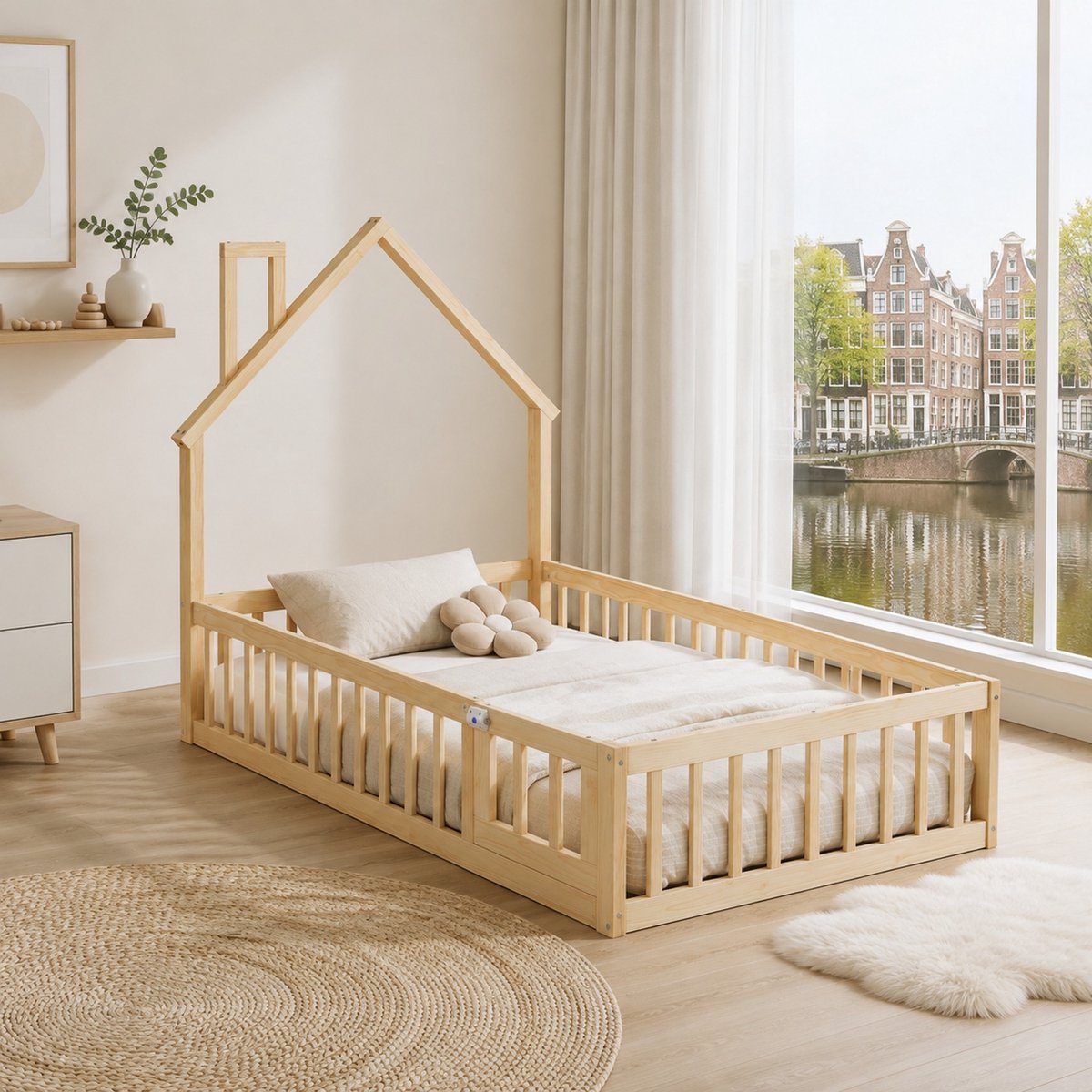 WUVRIE Huisbed 90x200 cm met schoorsteenvorm en veiligheidshekken, naturel Natural
