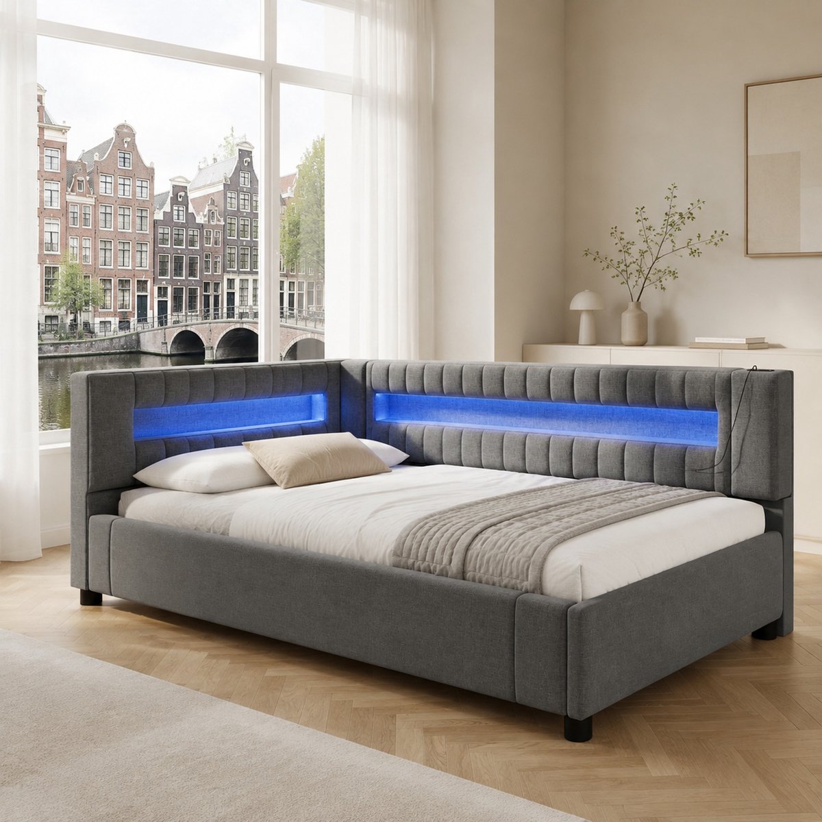 WUVRIE Daybed 90x200 cm met LED-lichtstrip, hydraulische opbergruimte, USB-C, grijs