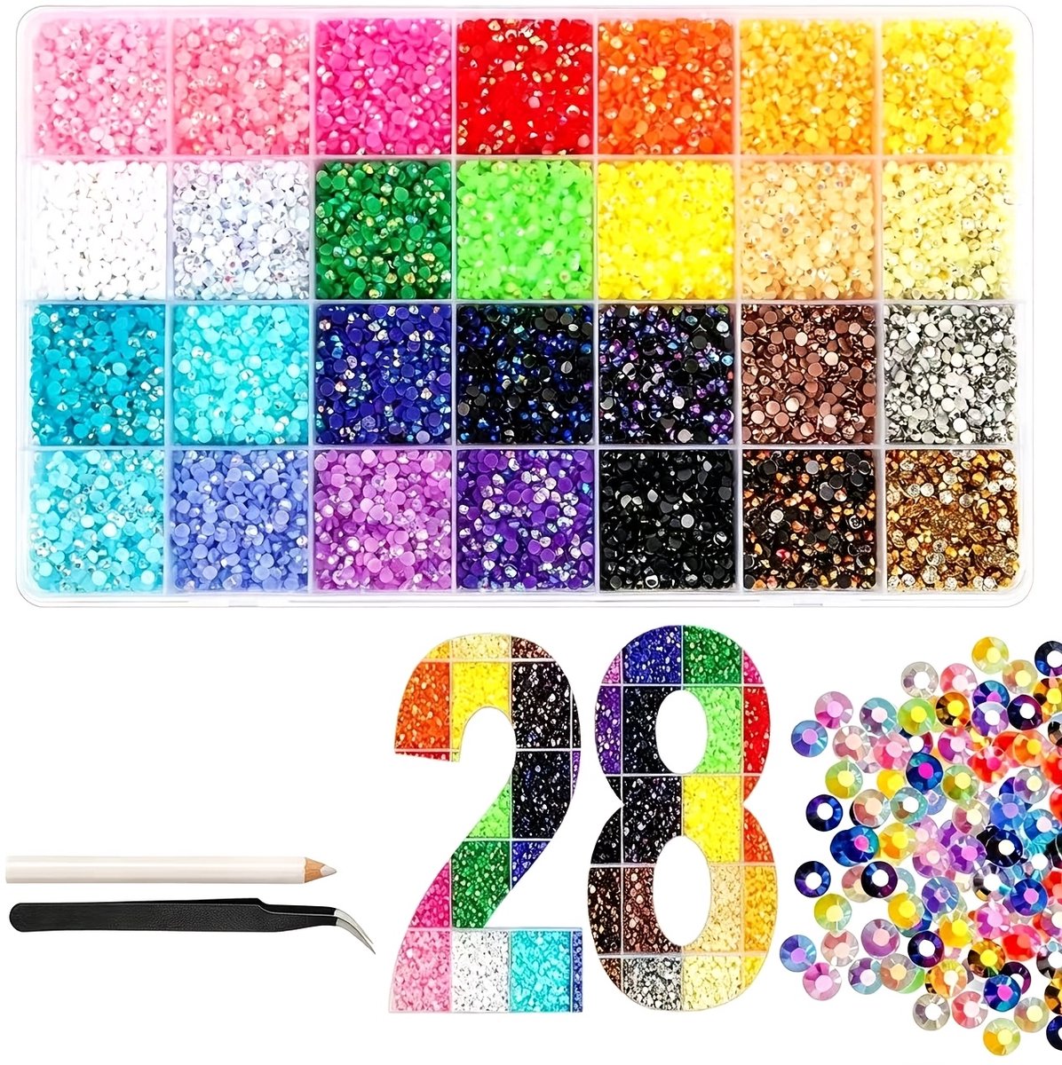 Currero Bedazzle Kit - Bedazzling - Plakstenen - Strass Steentjes - DIY Versieren - 28 Vakken Met 28 Kleuren - Nagel Decoratie - Met Pincet En Applicator - Gemengde Kleuren