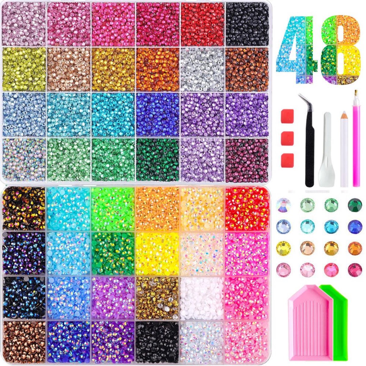 Currero Bedazzle Kit - Bedazzling - Plakstenen - Strass Steentjes - DIY Versieren - 48 Vakken - Nagel Decoratie - Met Pincet En Applicator - Glas Kristallen - 4mm