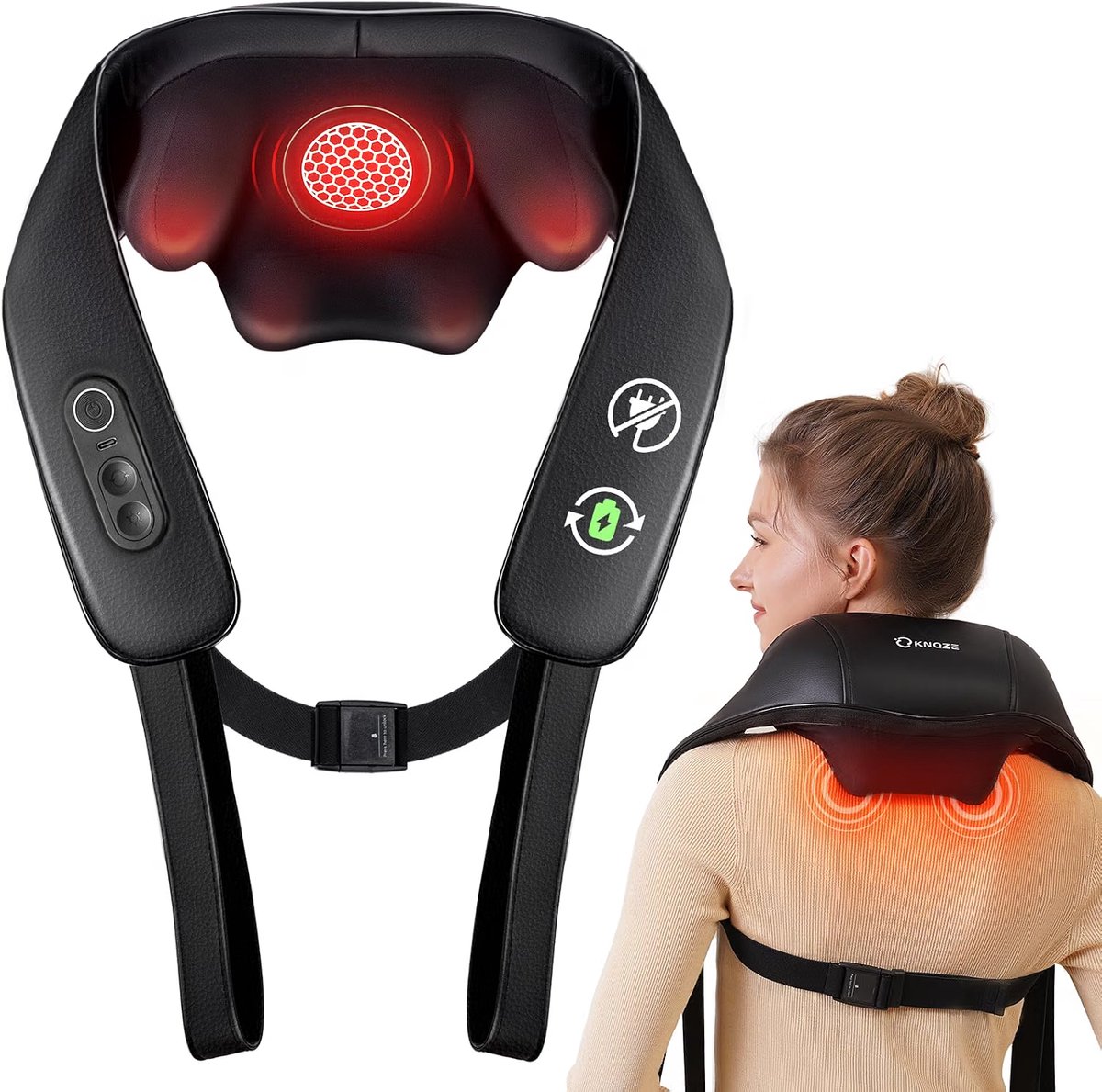Nekmassageapparaat Draadloos - 4D Shiatsu Massage met Warmtefunctie - Oplaadbaar Massagekussen voor Nek, Schouders, Rug en Benen - Handsfree en Draagbaar - Voor Thuis, Kantoor en Onderweg - Cadeau voor Vrouw en Man