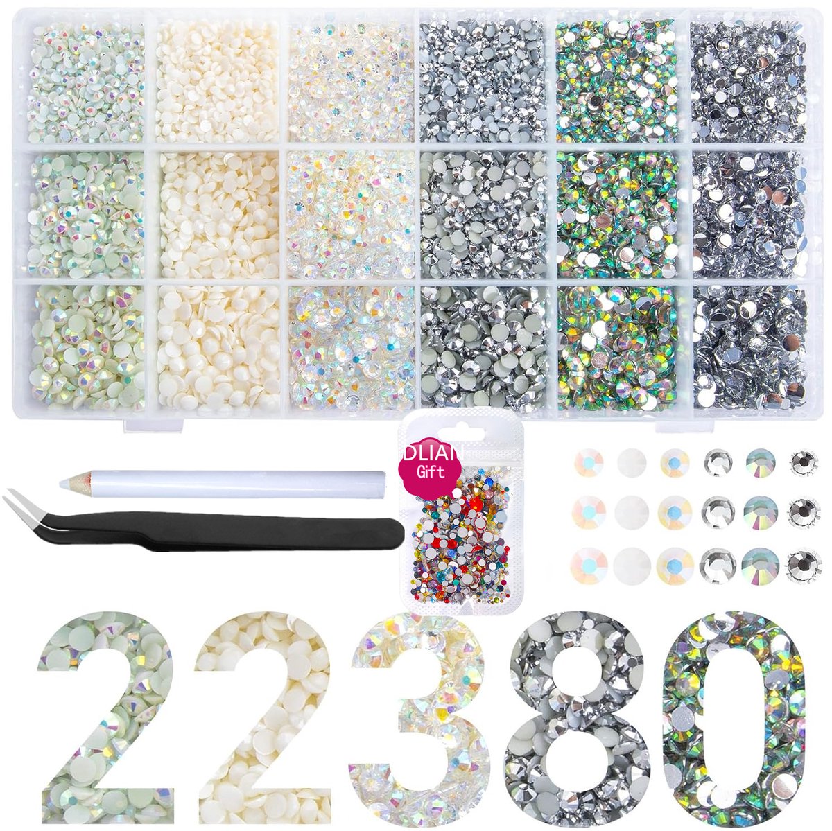 Currero Bedazzle Kit - Bedazzling - Plakstenen - Strass Steentjes - DIY Versieren - Set Met 22.380 Steentjes - Nagel Decoratie - Met Pincet En Applicator - 3/4/5mm - Set 6