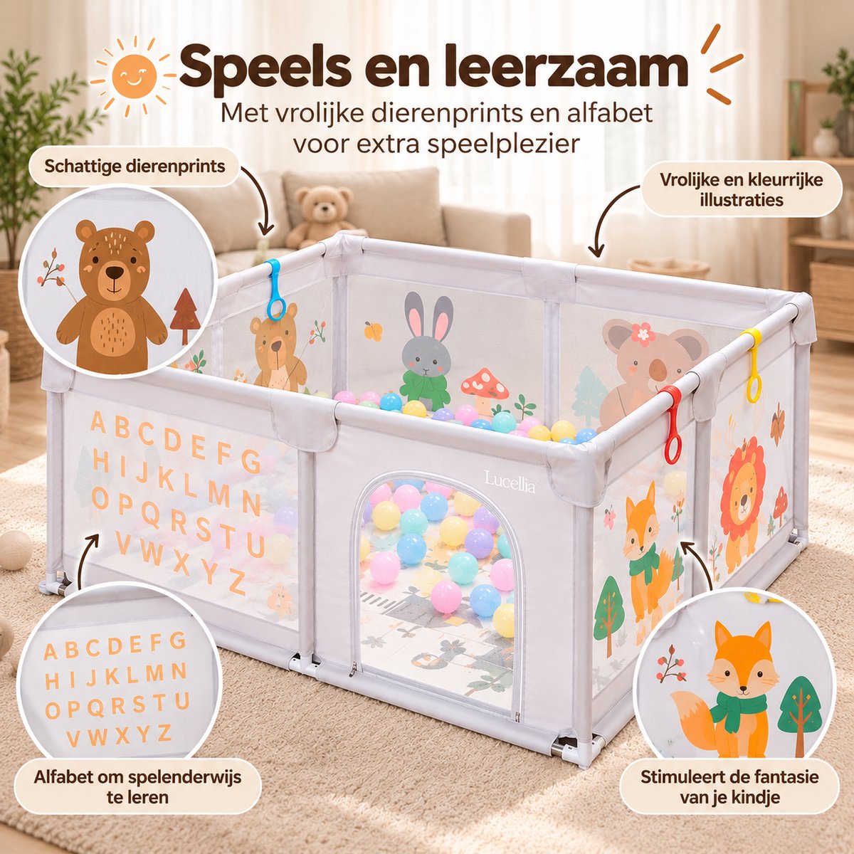 Lucellia® Grondbox Baby 120x160 cm met Dierenprint – Speelbox met Speelmat & 30 Speelballen – Kinderbox, Playpen & Baby Box – Draagtas – Beige – foto 6