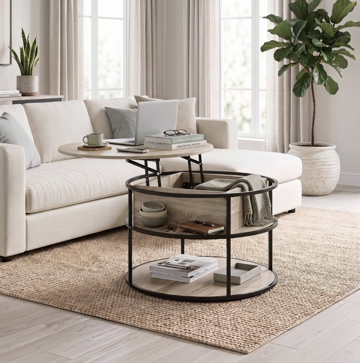 REDOM - Salontafel - Rond met liftblad en opbergruimte - Verstelbare hoogte - Metalen onderstel - Voor woonkamer - MDF - Eiken - Ø80 x 47-61,5 cm