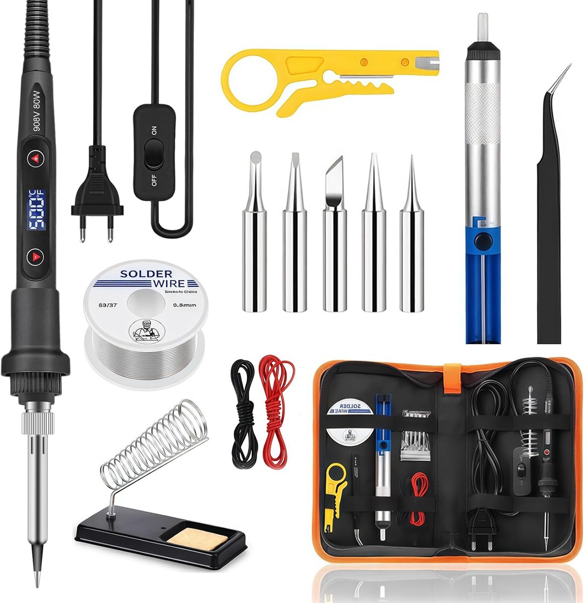 Soldeerbout Set 80W,Elektrische Soldeerbout met LED Display en Temperatuur Regelbaar 180-500°C,15-in-1 Soldeerset met - ShopVlot