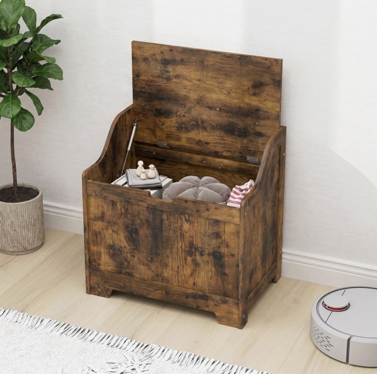 REDOM - Opbergkist - Veiligheidsscharnier en U-vormige uitsparing - 61 L opbergruimte - Rustieke stijl - Woonkamer en hal - MDF - Bruin - 56,5 x 38 x 56 cm