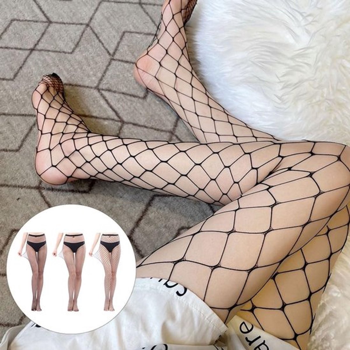 Dailygoods - Zwarte Visnet Kousen Set van 3 voor Dames