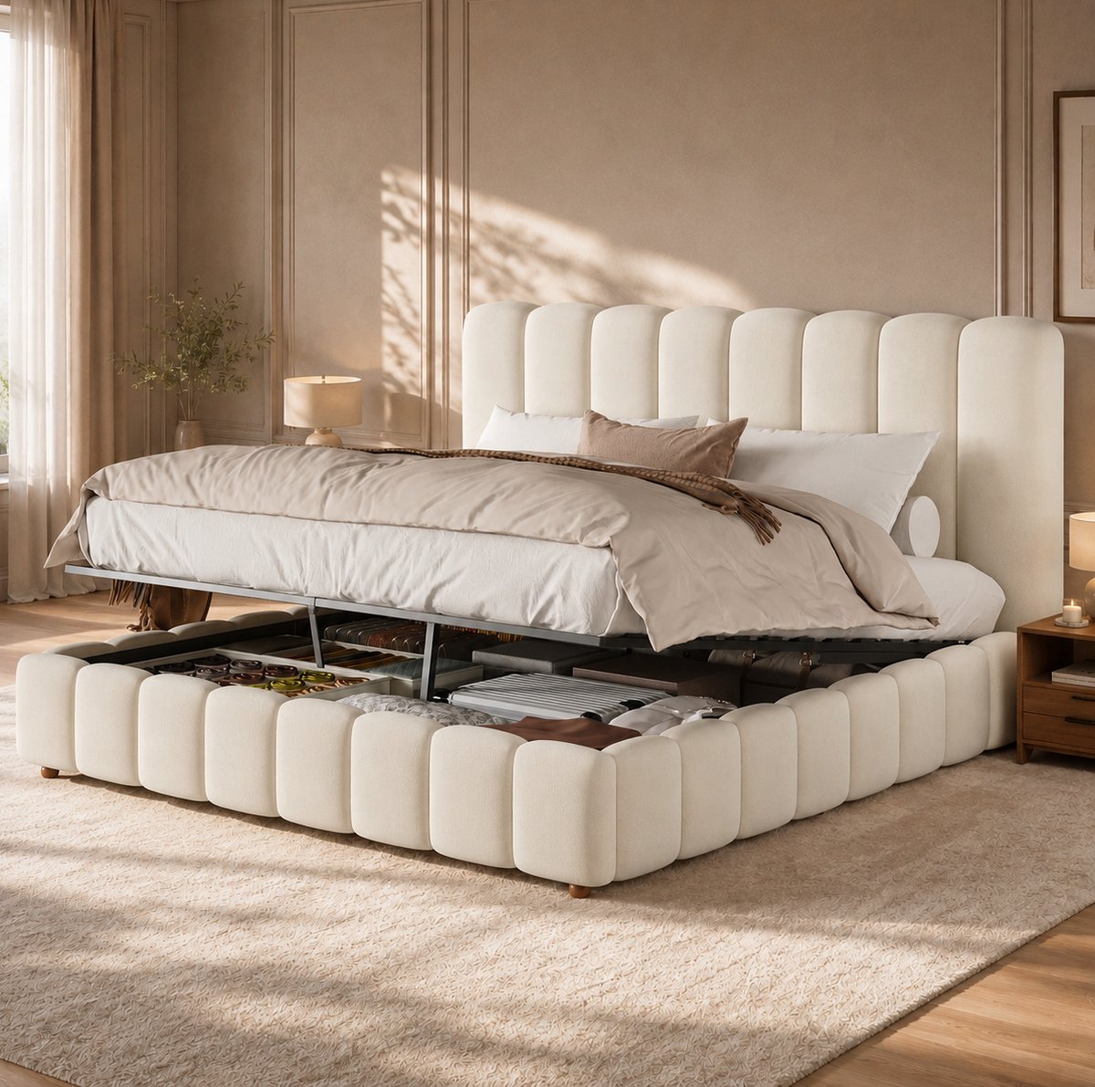 Gestoffeerd Bed 160x200 cm Met Opbergruimte En Hoofdbord Hydraulisch Voor Slaapkamer Velours Beige Zonder matras