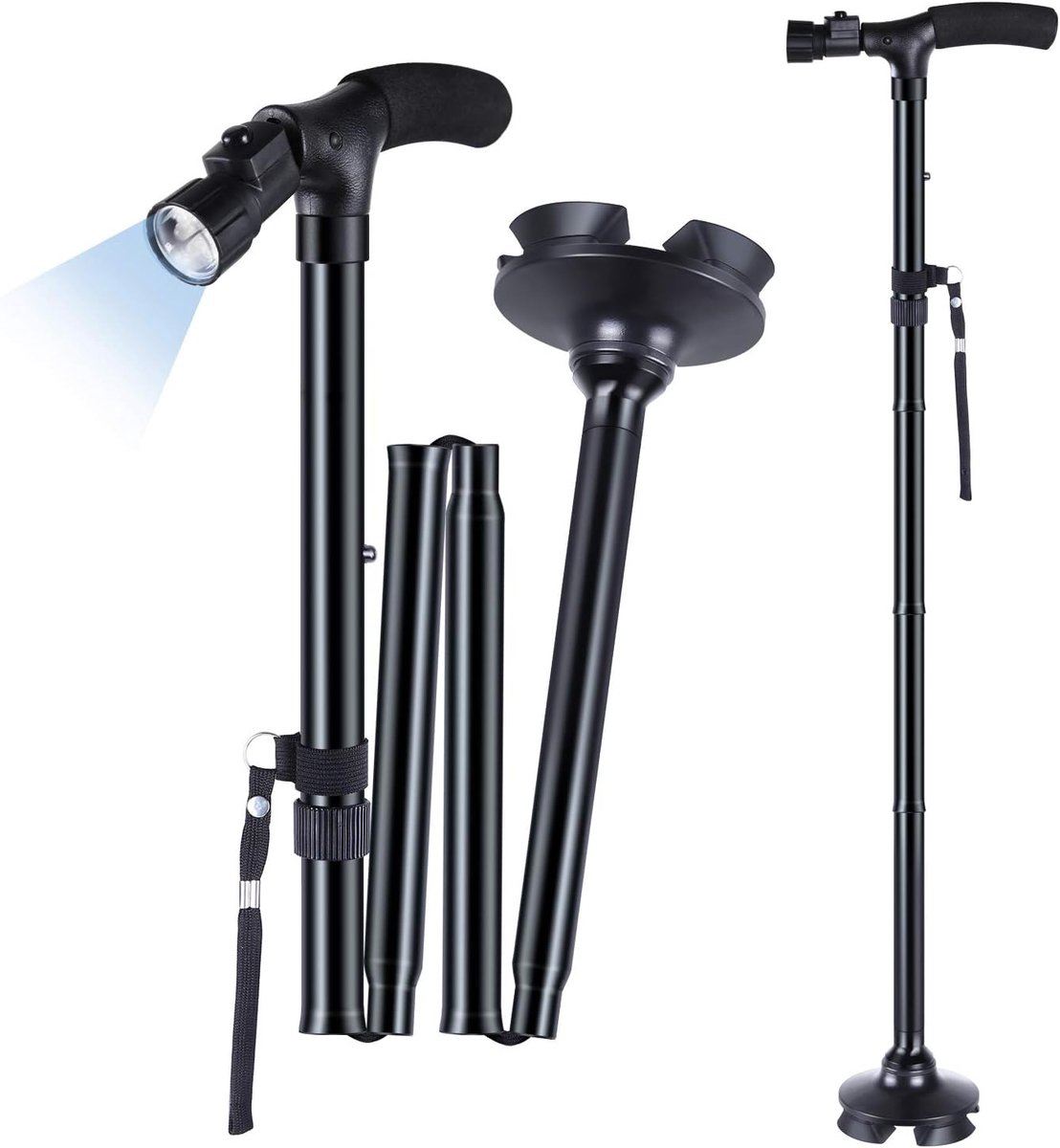 Opvouwbare Wandelstok met LED-Licht - In Hoogte Verstelbaar - Aluminium - Inclusief Draagtas en Polsband