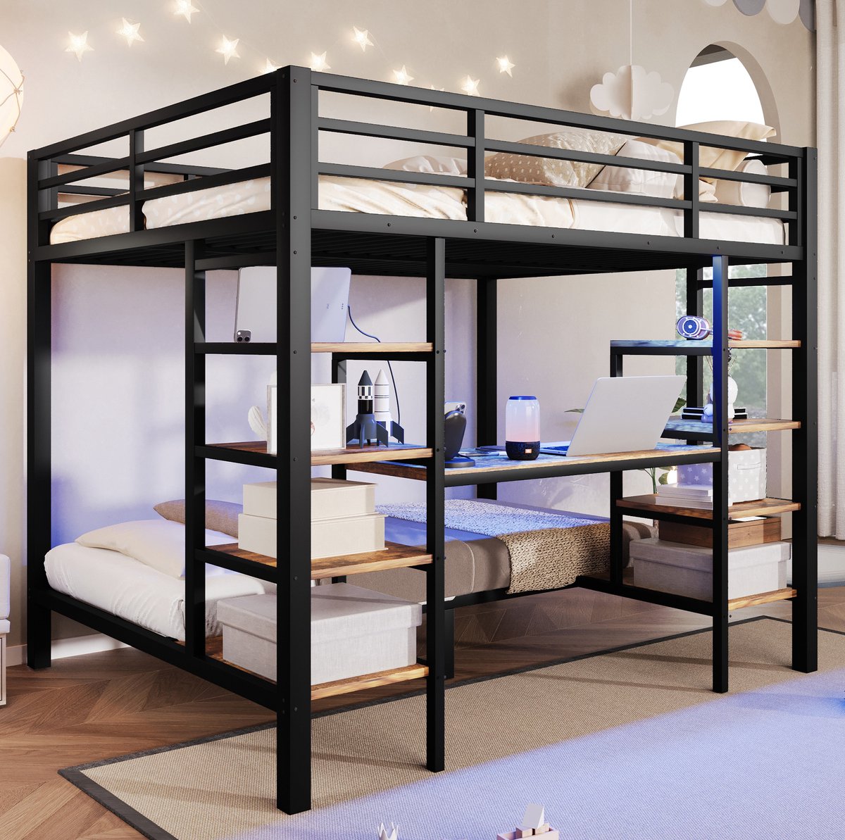 Stapelbed 204x145 cm Zonder Matras - Met USB, Type-C En Ronde Aansluiting - Met LED Verlichting En Opbergvakken - Metaal En MDF - Zwart