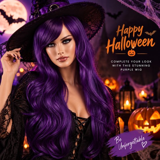 Model met lange, golvende paarse pruik en Halloween-outfit. 'Happy Halloween' tekst.