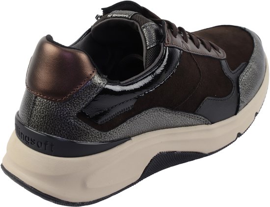 Donkere bruine sneaker met metallic grijze en bronskleurige accenten. Lichtbruine zool met 'Rollingsoft' logo.