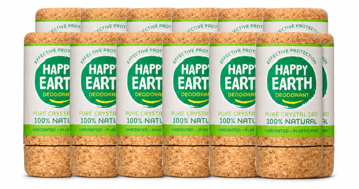 12 x Happy Earth – Deodorant Crystal – 100% Natuurlijk Unscented – 90 g - Voordeelverpakking - 12 stuks