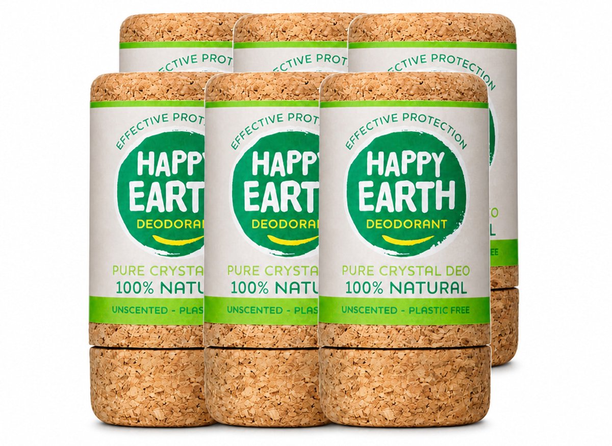 6 x Happy Earth – Deodorant Crystal – 100% Natuurlijk Unscented – 90 g - Voordeelverpakking - 6 stuks