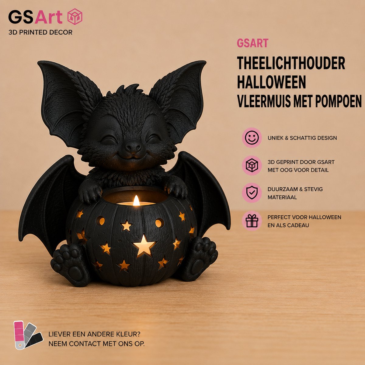 GSArt Theelichthouder Halloween Vleermuis met Pompoen – 3D Geprint – Inclusief LED Theelichtje