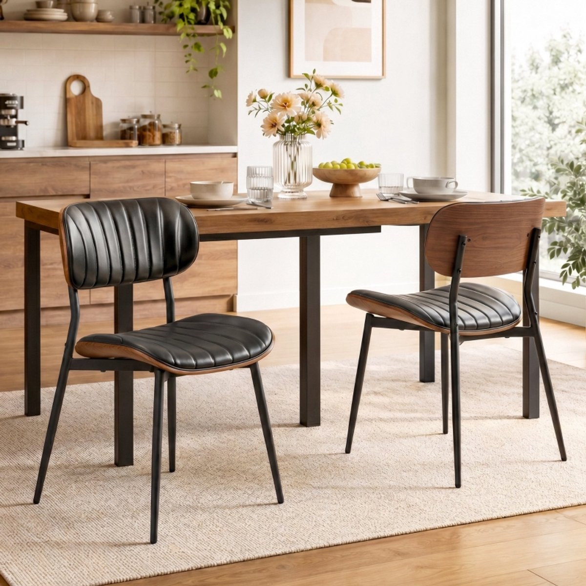 HAUSS SPOLE Eetkamerstoel Set Van 2 Moderne Polsterstoelen Met Kunstleren Zitting En Ergonomische Gebogen Rug Voor Eetkamer En Woonkamer Zwart