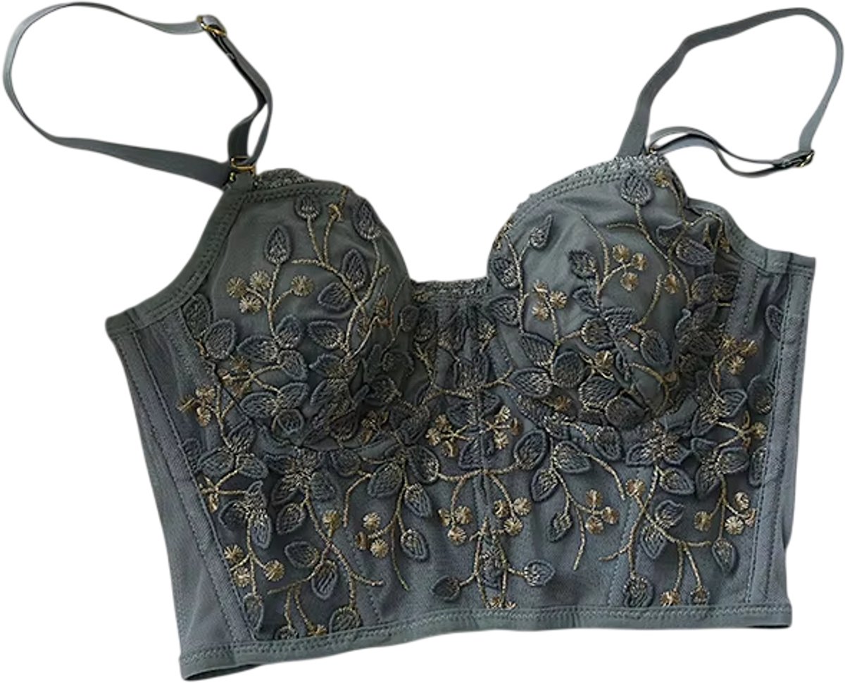 Sexy Lingerie Kanten BH met 3D-Borduursel, Visgraat-Corset, Brede Beugel en Stalen Ring – Half-Cup Bralette Ondergoed - Blauw - Maat XL