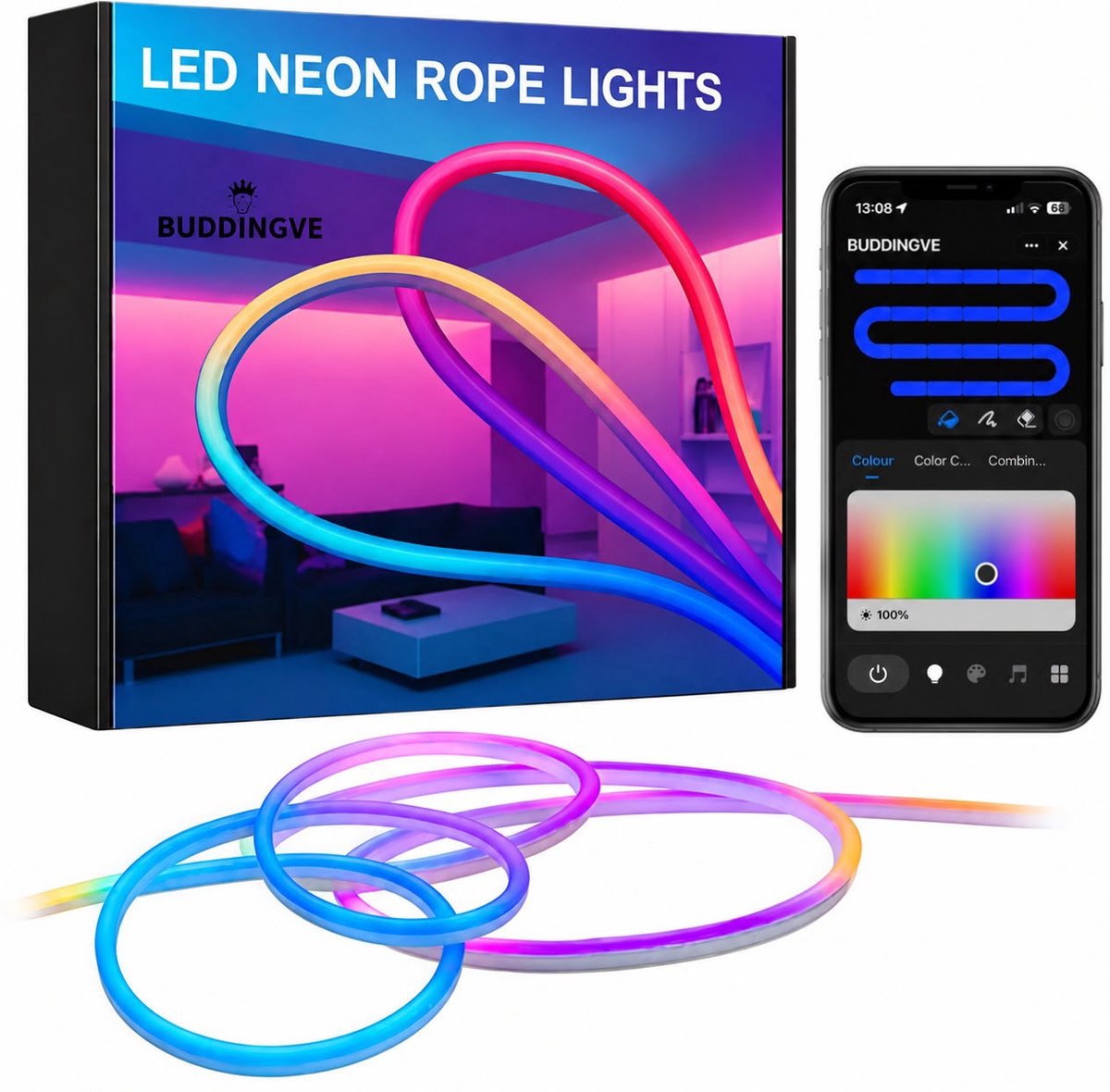 BUDDINGVE LED Strip 10m RGB WIFI - App-bediening, Muziekmodus, Dimbaar, Waterdicht IP67 - Neon Rope Light voor Binnen & Buiten, Woonkamer, Gaming, Tuin & Feestverlichting