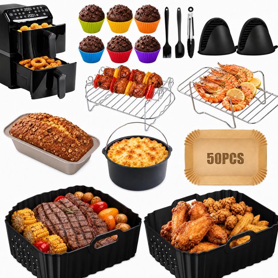 Airfryer met diverse accessoires: ringen, muffins, spiesjes, garnalen, brood, mac & cheese, kip en friet.